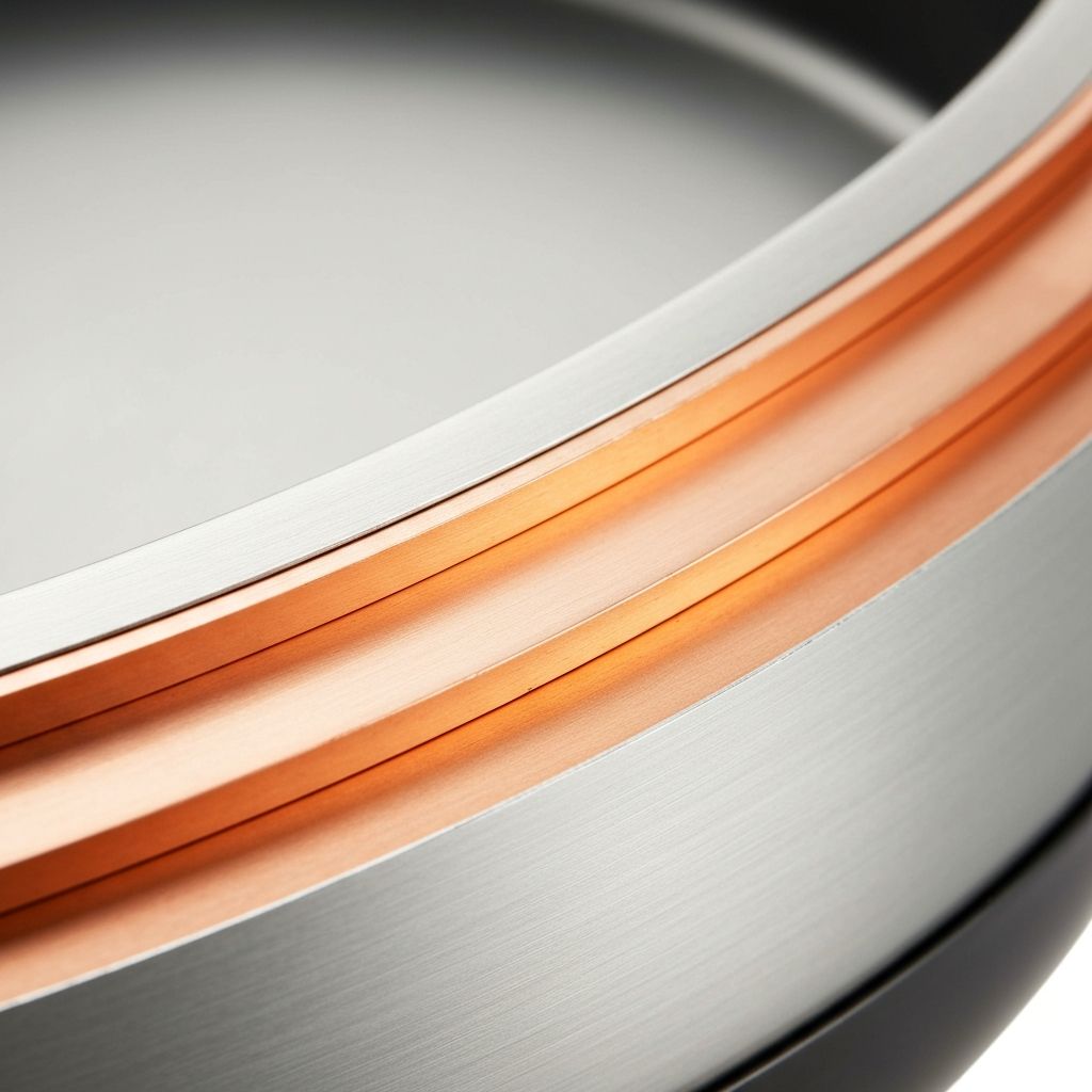 Close-up of Revere Cookware copper bottom technology showing layered construction