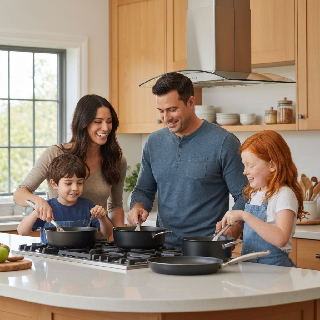 Happy family cooking together with Revere Cookware