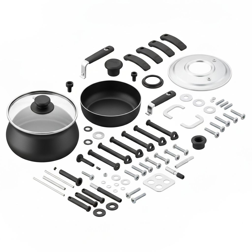 Exploded diagram showing all Revere Ware replacement parts including handles, screws, knobs, and lids