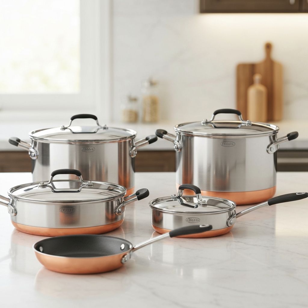 Premium Revere Cookware set with copper-clad bottoms and Bakelite handles